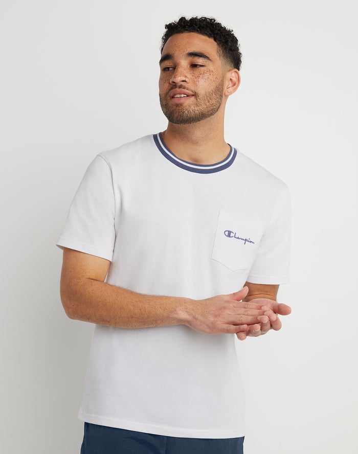 Tricou Champion Tipped Collar Pocket Embroidered Script Logo Barbati Albi - Romania QUNDFGL-92